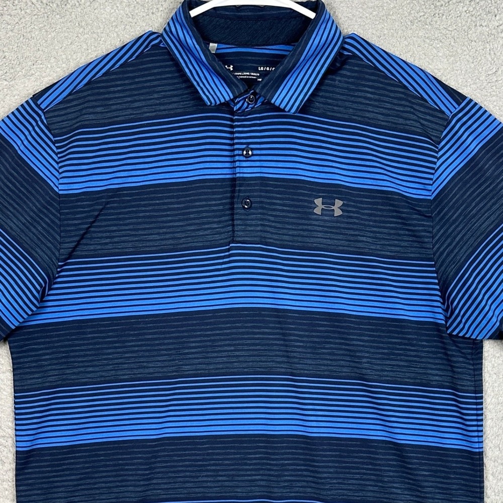 Under Armour Golf Polo Mens Large HeatGear Blue Striped Performance Rugby Logo